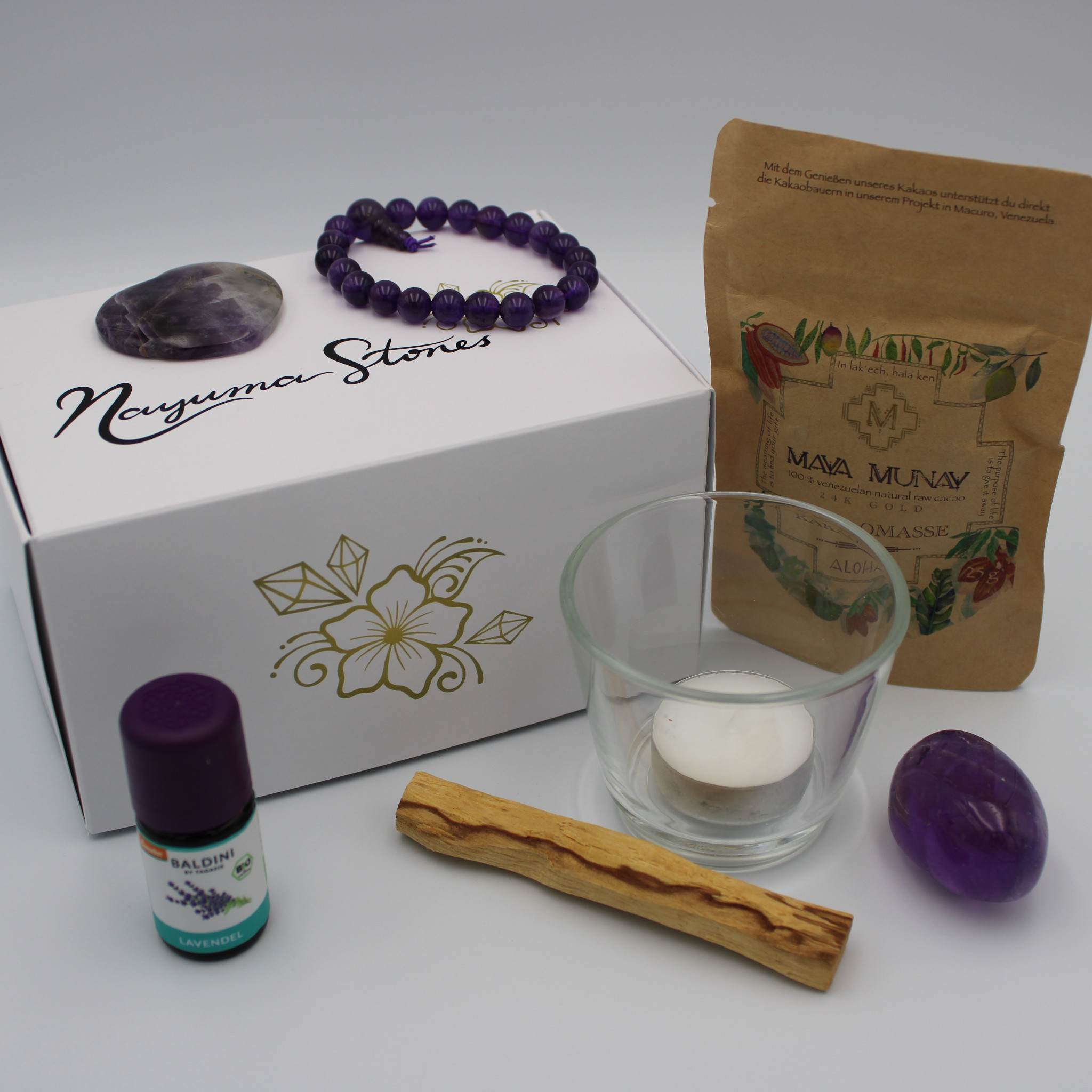 Amethyst Mindfulness Box with ceremonial cacao