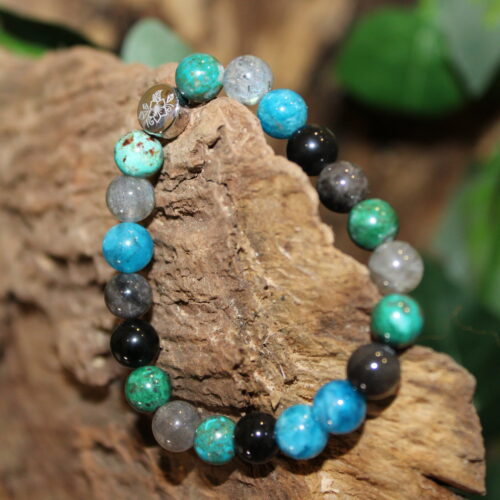 Armband Labradorit Chrysokoll Silberglanz Obsidian Apatit Wood1