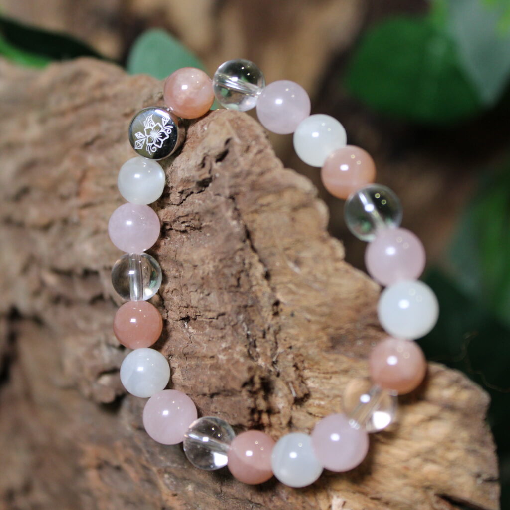 Armband Mondstein Rosenquarz Bergkristall Wood1