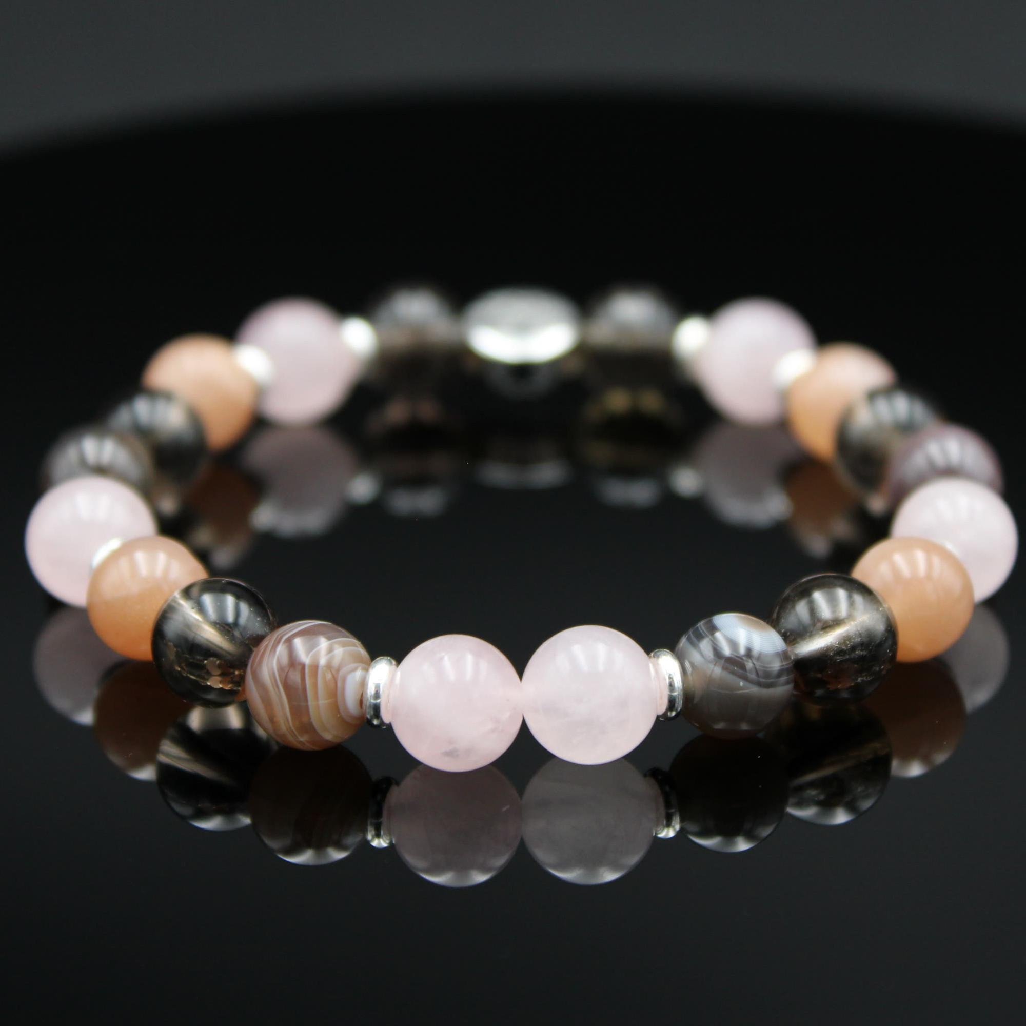 Herzraum · Armband · Botswana Achat · Orangener Mondstein · Rauchquarz · Rosenquarz · 925 Silber · 8 mm Perlen – Bild 2
