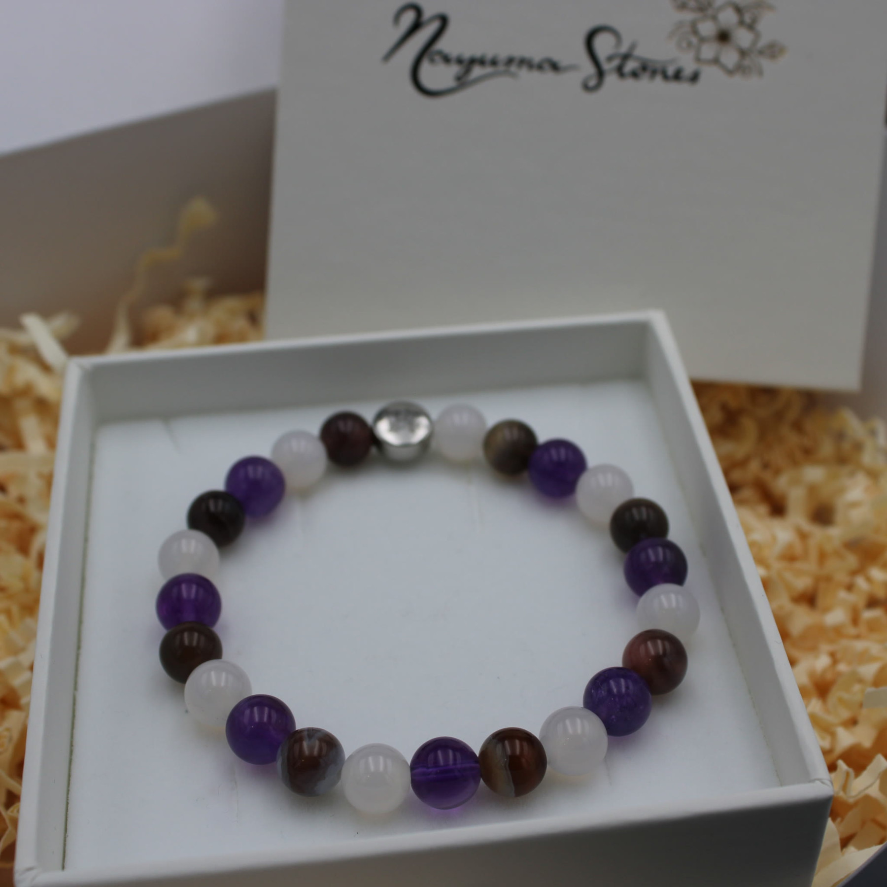 Armband Amethyst Weißer Achat Botswana Geschenkbox
