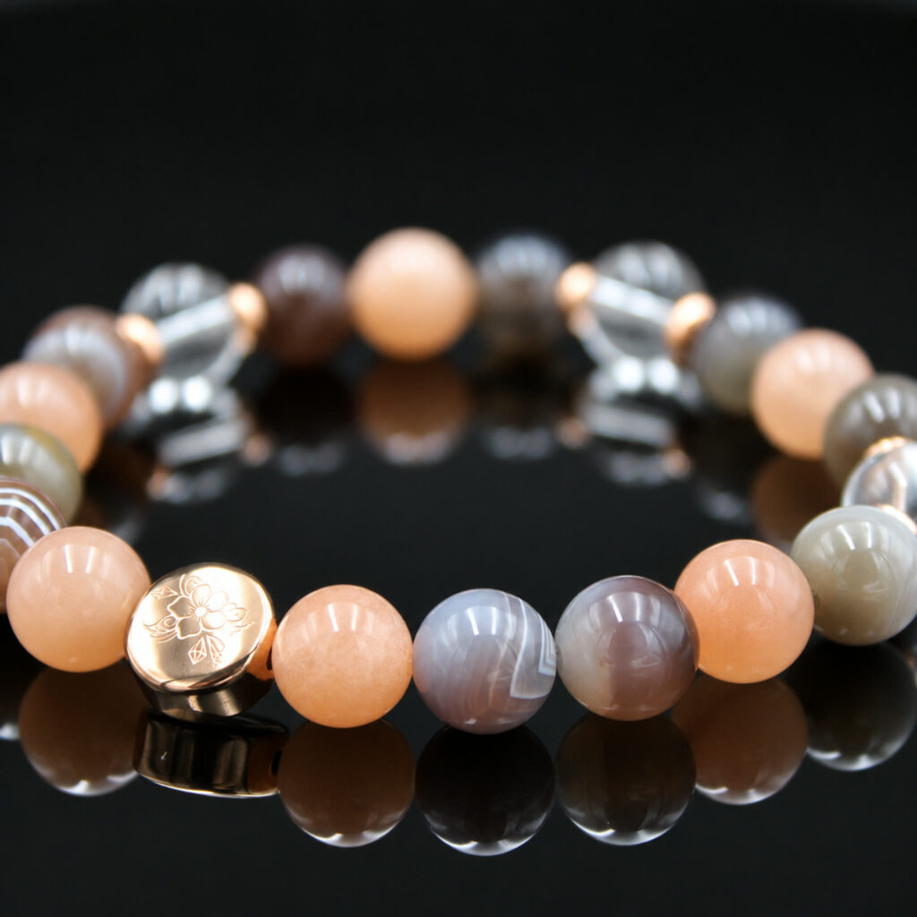 Armband Oranger Mondstein Botswana Achat Bergkristall 8 mm Perlen