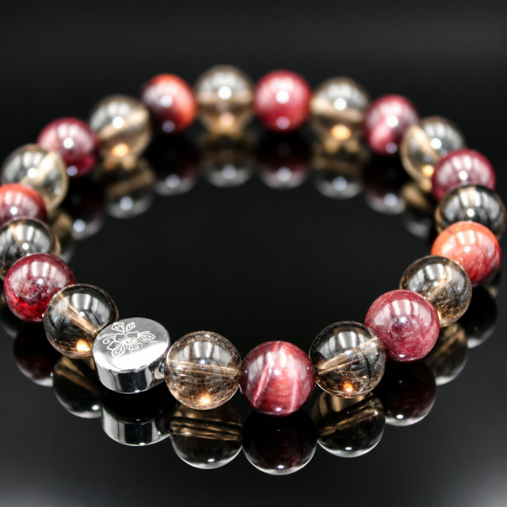 Armband Granat Rotes Tigerauge Rauchquarz 8 mm Perlen