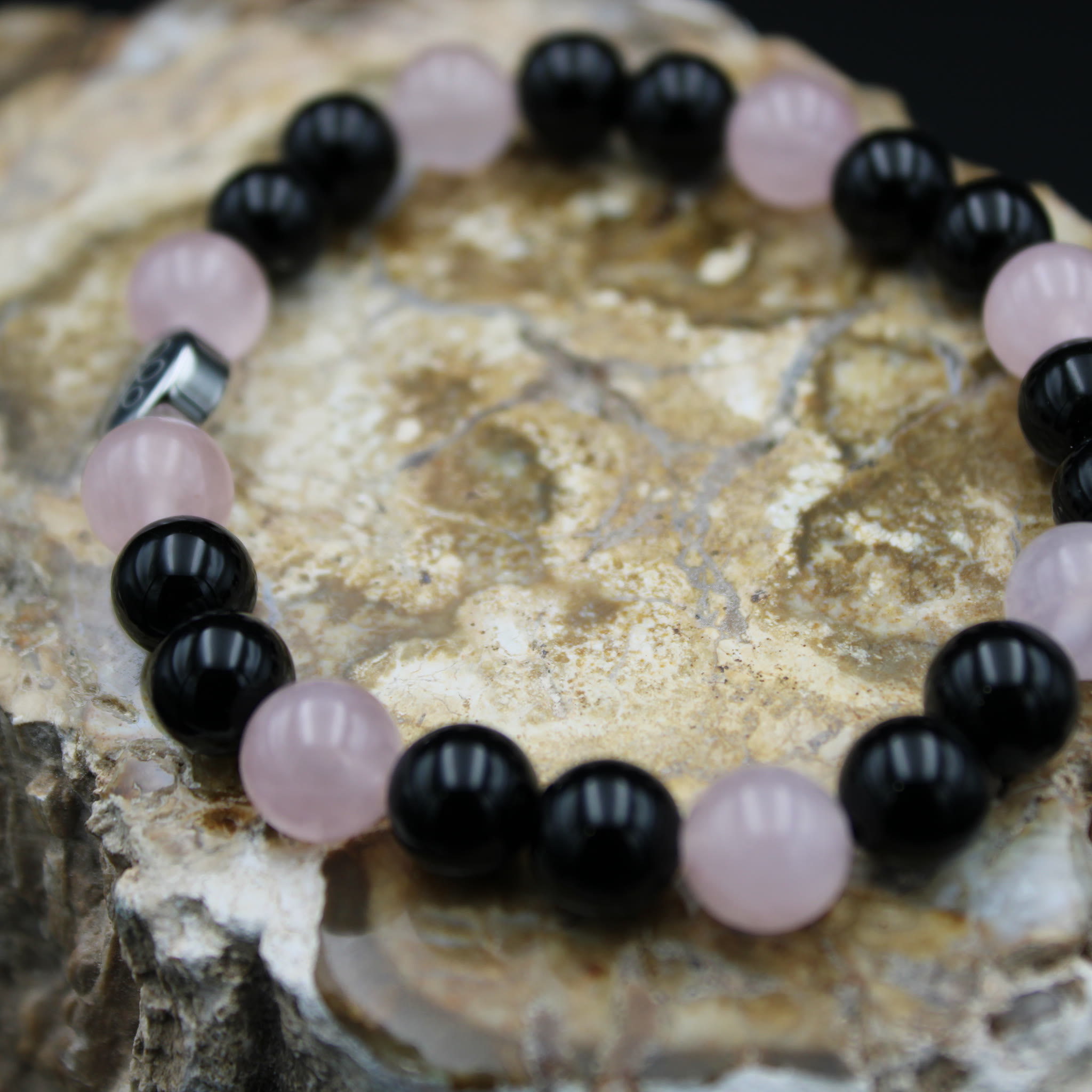Armband Rosenquarz Schwarzer Onyx 8 mm Perlen