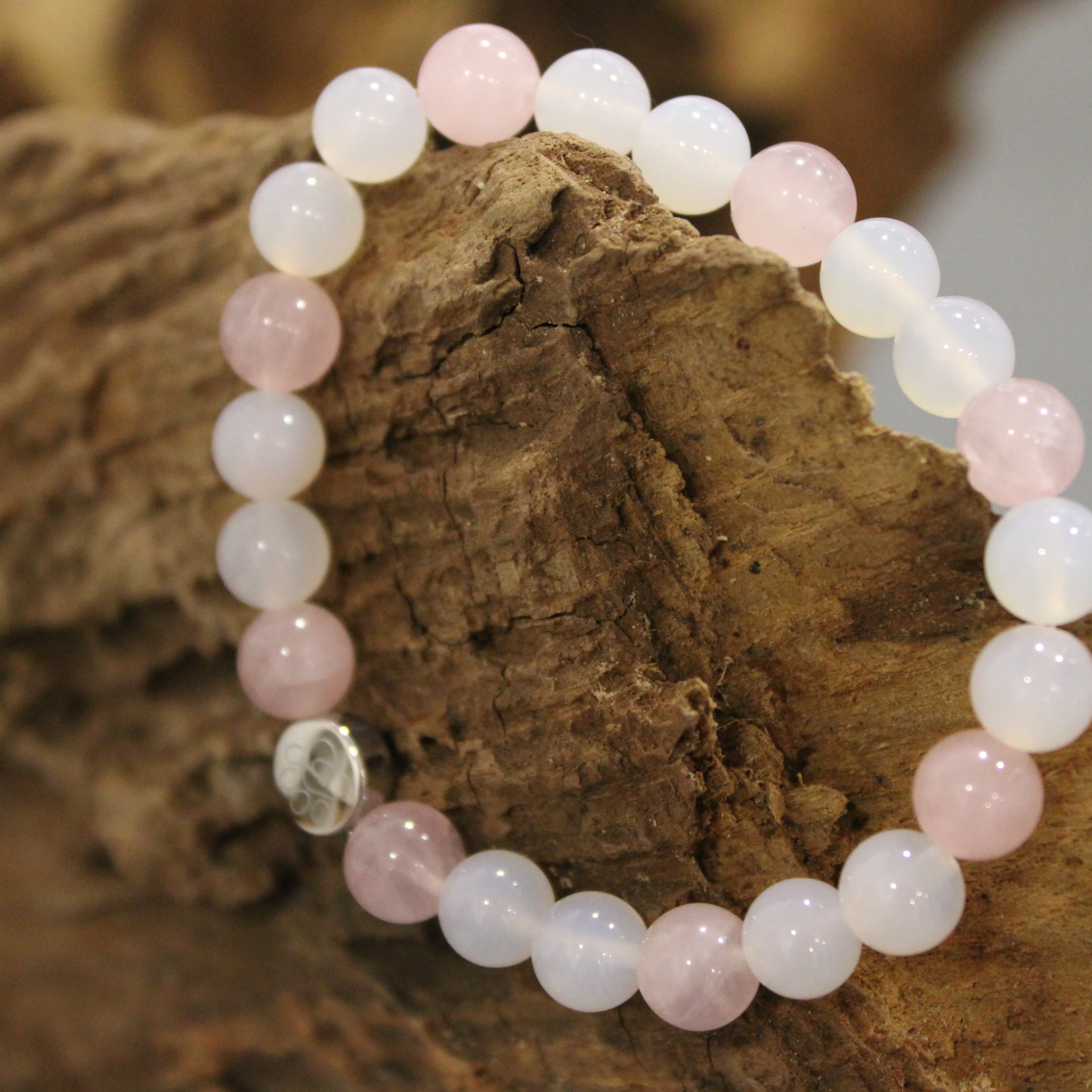 Armband Rosenquarz Weißer Achat 8 mm Perlen