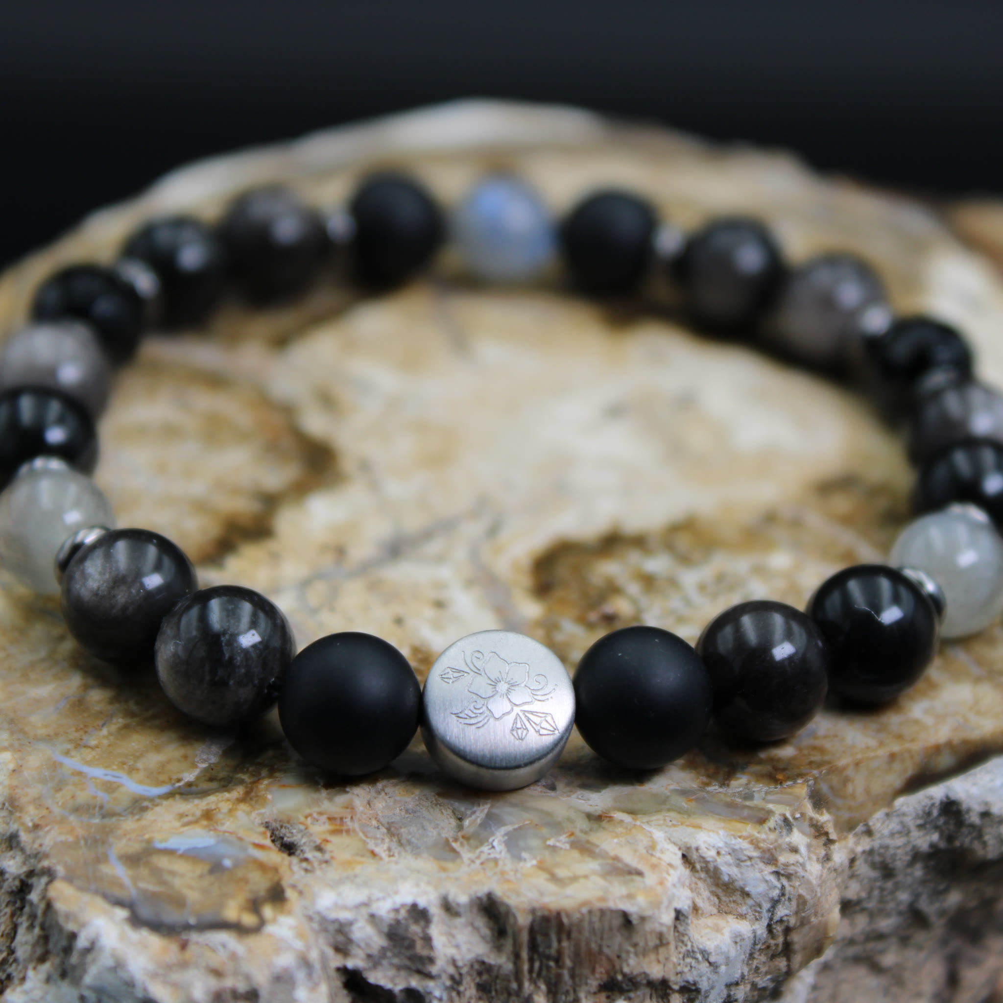 Armband Onyx Silberglanz-Obsidian Labradorit 8 mm Perlen